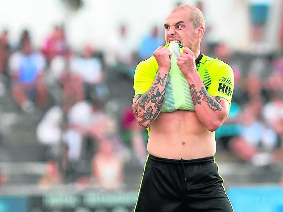 Jorge Pombo se lamenta durante el partido del pasado sábado contra el Tudelano.