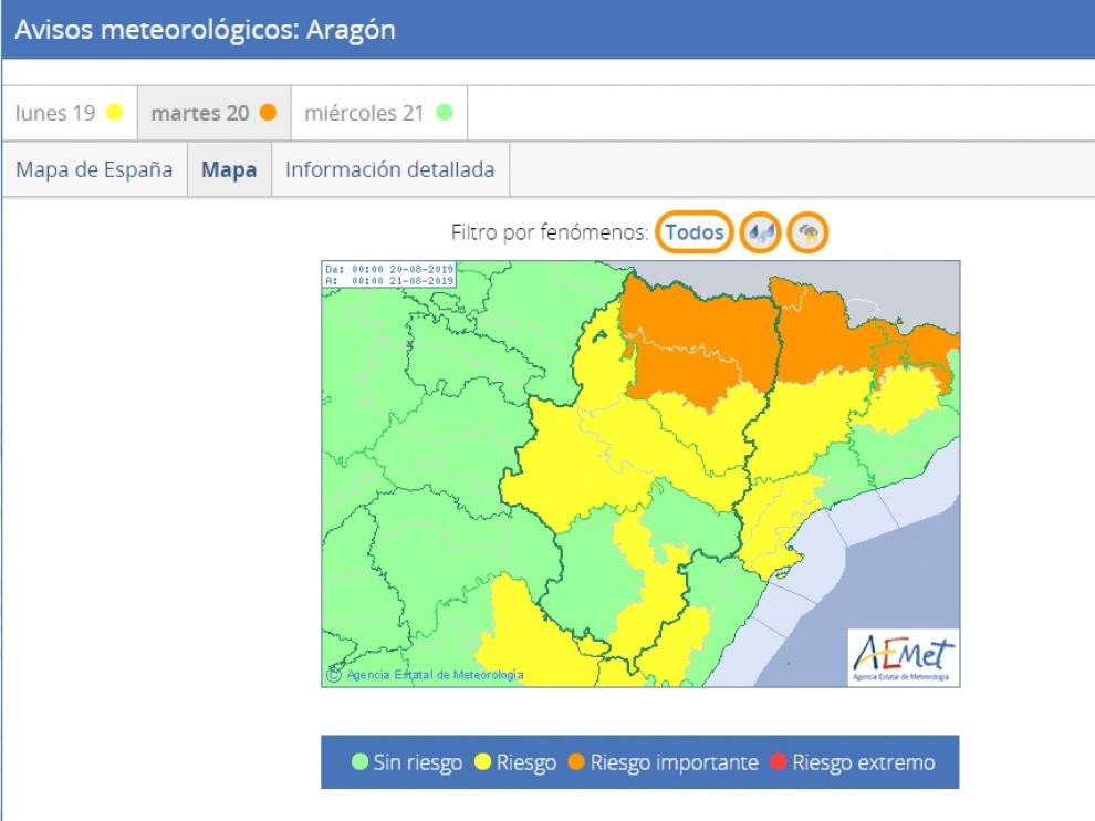 Avisos activados por la Aemet para este martes 20 de agosto en Aragón.