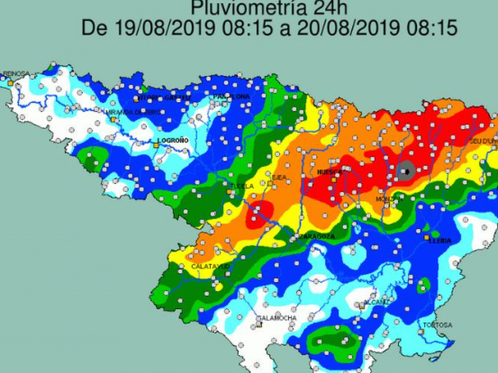 Mapa de la CHE con las precipitaciones caídas este martes.