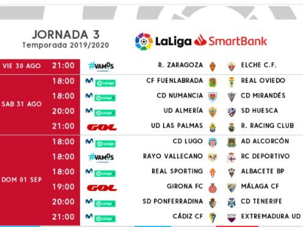 Nueva careta de horarios de la 3ª jornada publicada en la tarde de este jueves por la Liga de Fútbol Profesional: el Real Zaragoza-Elche se modifica y se adelanta una hora, de las 22.00 a las 21.00.