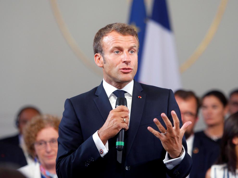Paris (France), 23/08/2019.- French President Emmanuel Macron delivers a speech on environment and social equality to business leaders in Paris, France, 23 August 2019, on the eve of the G7 summit. The G7 Summit runs from 24 to 26 August in Biarritz. (Francia) EFE/EPA/MICHEL SPINGLER / POOL MAXPPP OUT G7 Summit Biarritz in France