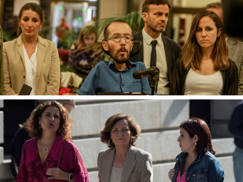 Los equipos negociadores de Unidas Podemos (arriba) y PSOE (abajo)