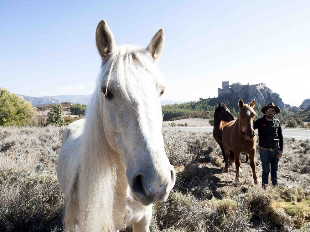 Gorka Herrero, de la hípica La Querencia, recorre las inmediaciones del castillo de Loarre con dos de sus caballos