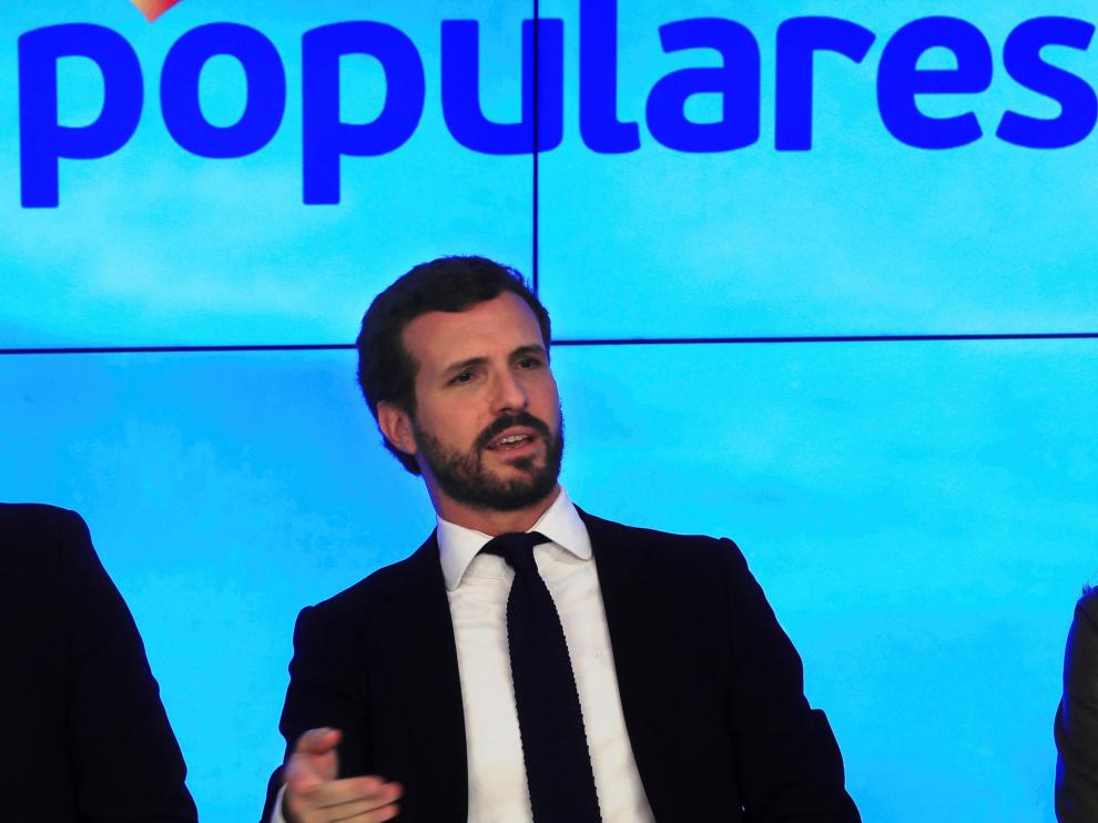 Pablo Casado, este lunes en una reunión en la sede del PP.