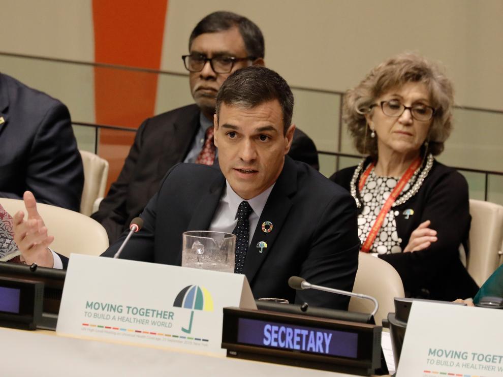 Pedro Sánchez durante una reunión en la ONU.