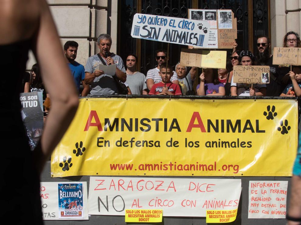 Protesta de los colectivos animalistas contra el retorno de los circos con animales a Zaragoza.