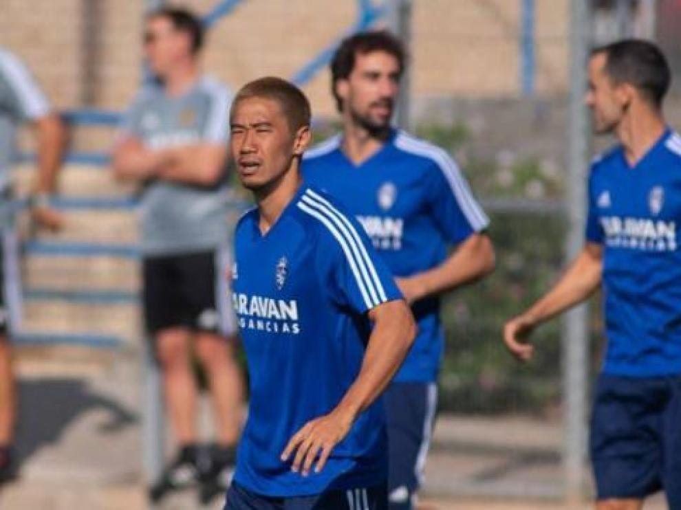 Kagawa, en un entrenamiento de la semana pasada con el Real Zaragoza.