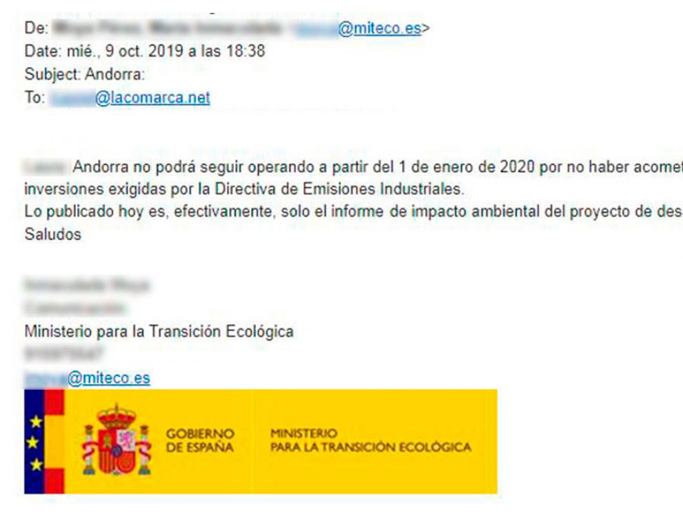 Email enviado al diario La Comarca desde el Ministerio para la Transición Ecológica