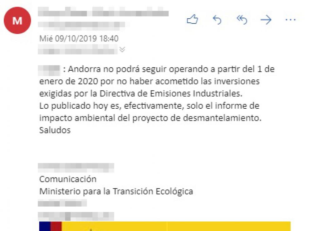 Email enviado este miércoles desde el Ministerio para la Transición Ecológica a HERALDO DE ARAGÓN