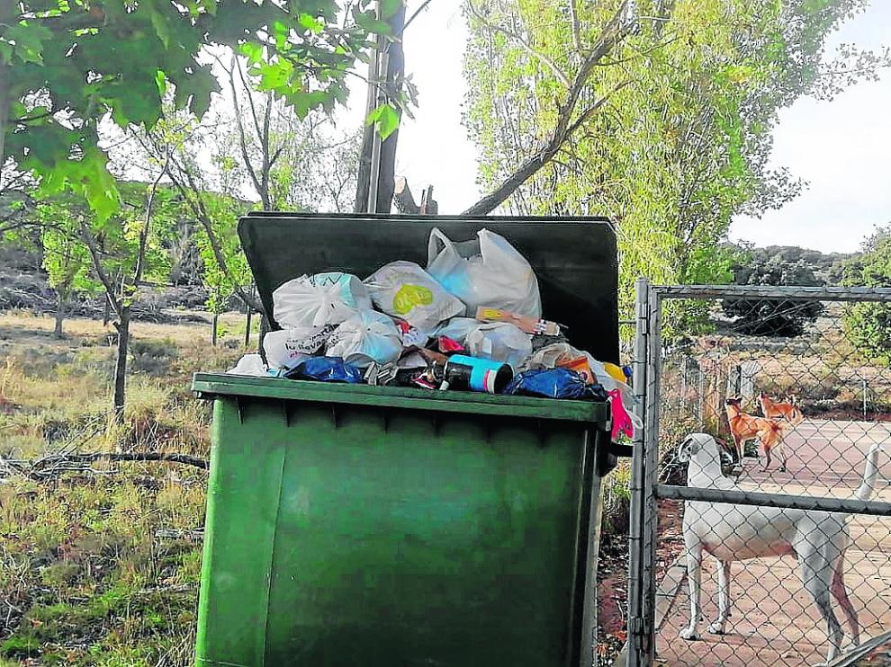 El contenedor del albergue de Utrillas, lleno de bolsas de basura.