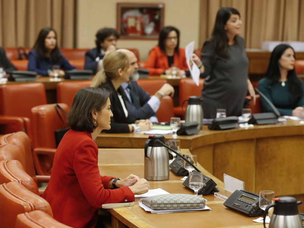 La secretaria general del grupo de Vox, Macarena Olona , de pie, ha sido expulsada de una comisión del Congreso.