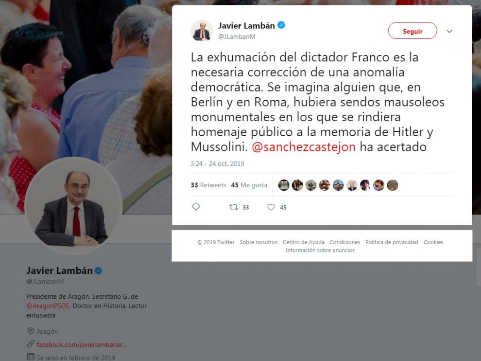 Comentario relativo a la exhumación de Franco publicado por Lambán.