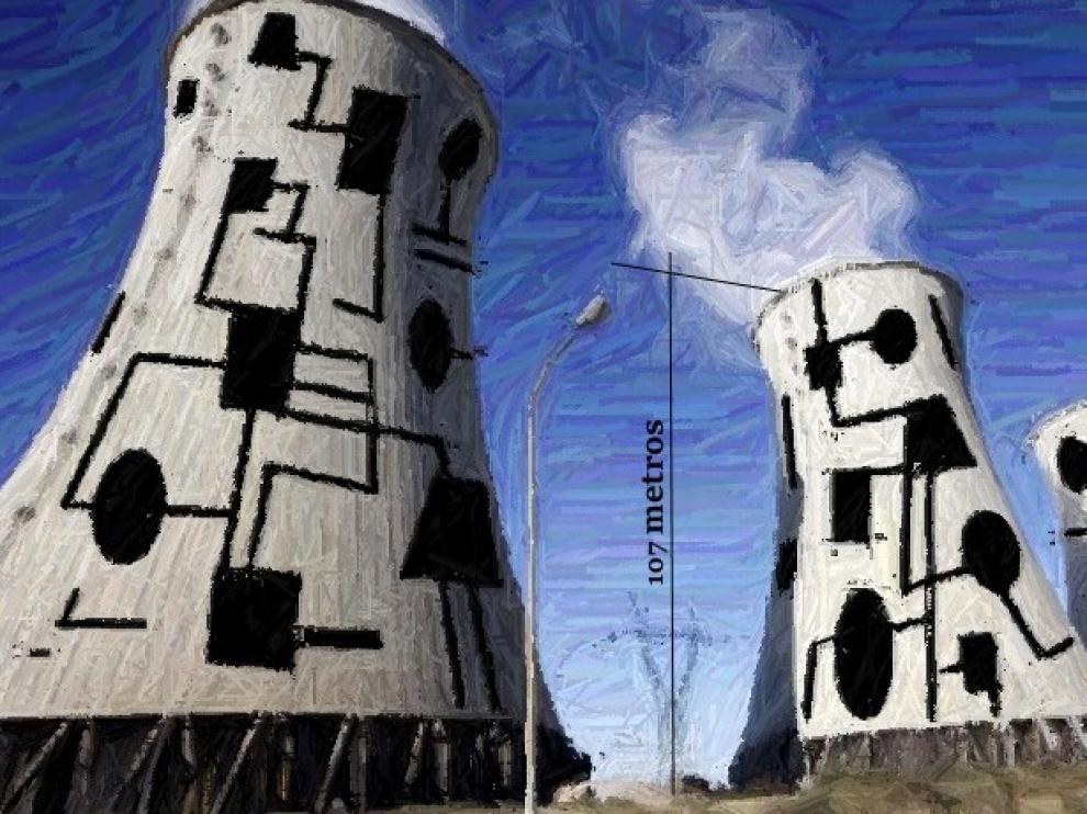 Recreación realizada por Miguel Ángel Arrudi de cómo quedarían las chimeneas de la central térmica de Andorra tras su intervención
