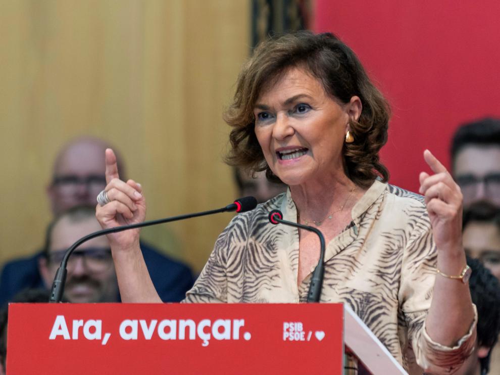 La vicepresidenta del Gobierno en funciones, Carmen Calvo, en un mitin de precampaña en Calviá.