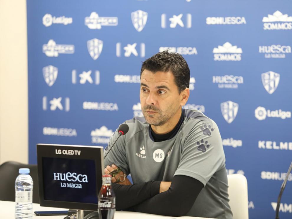 Míchel Sánchez, en la rueda de prensa previa al desplazamiento a Tenerife.