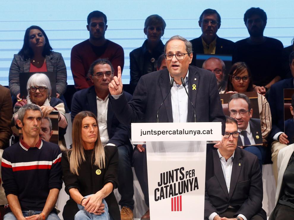 El presidente de la Generalitat, Quim Torra, durante el acto de inicio de campaña.