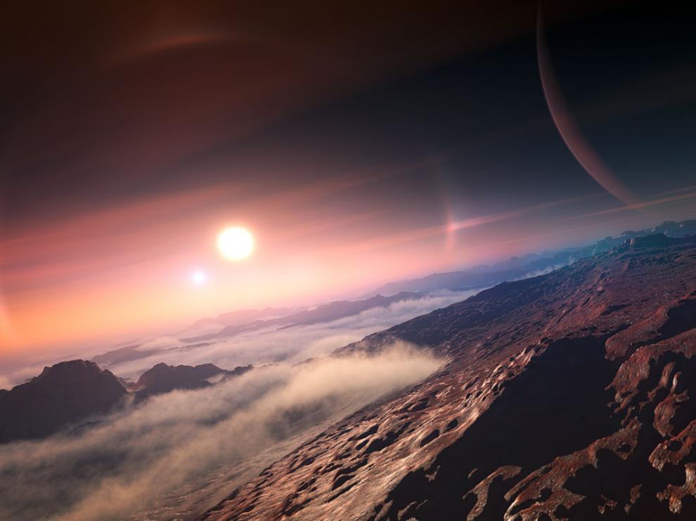 Ilustración de un exoplaneta con su estrella al fondo.