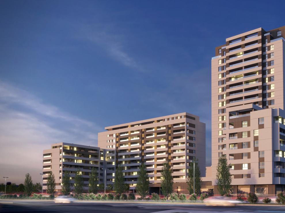 Recreación de los cuatro edificios que Aedas Homes construirá delante de la estación de Delicias.