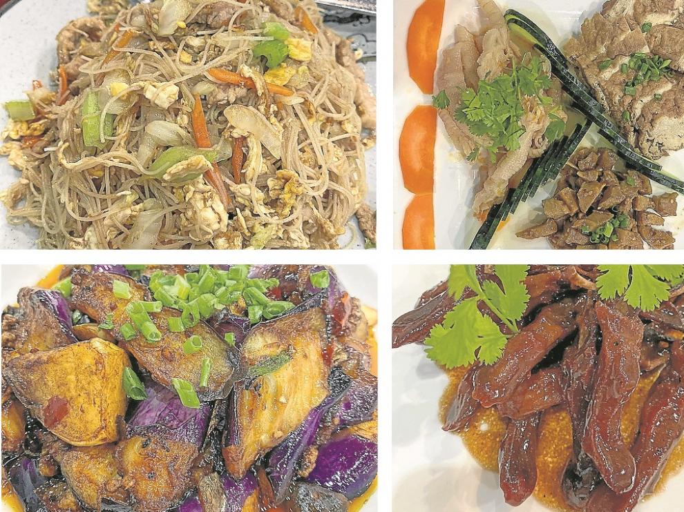 Fideos finos al wok con verdura y carne; tofu, bambú y patas de pollo cartilaginosas; berenjenas chinas y lenguas de pato laqueadas.