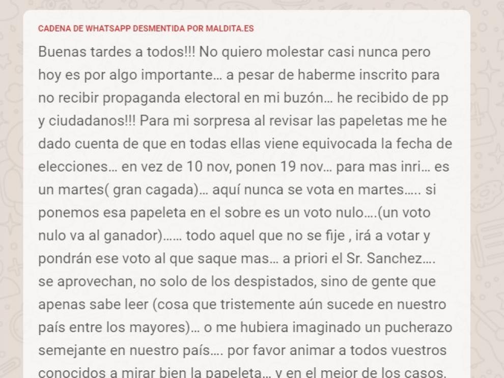 Cadena de WhatsApp desmentida por el portal Maldita.es sobre el bulo de las papeletas.