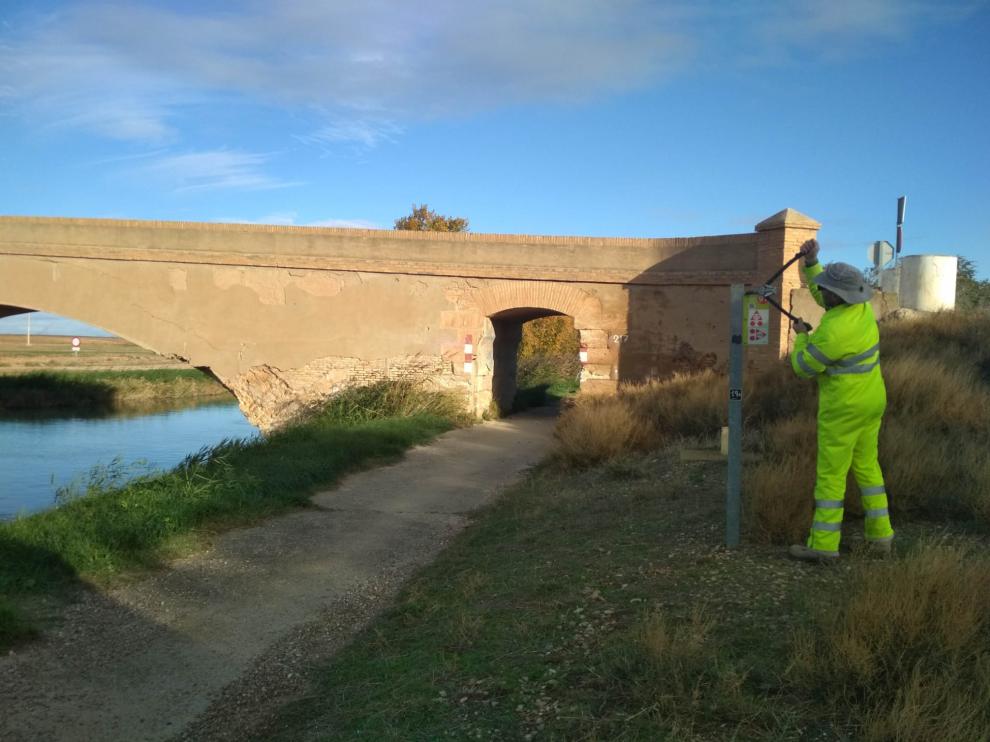 David Lamana, de la empresa Prames, junto al puente Clavería, que conecta Pinseque y Garrapinillos.