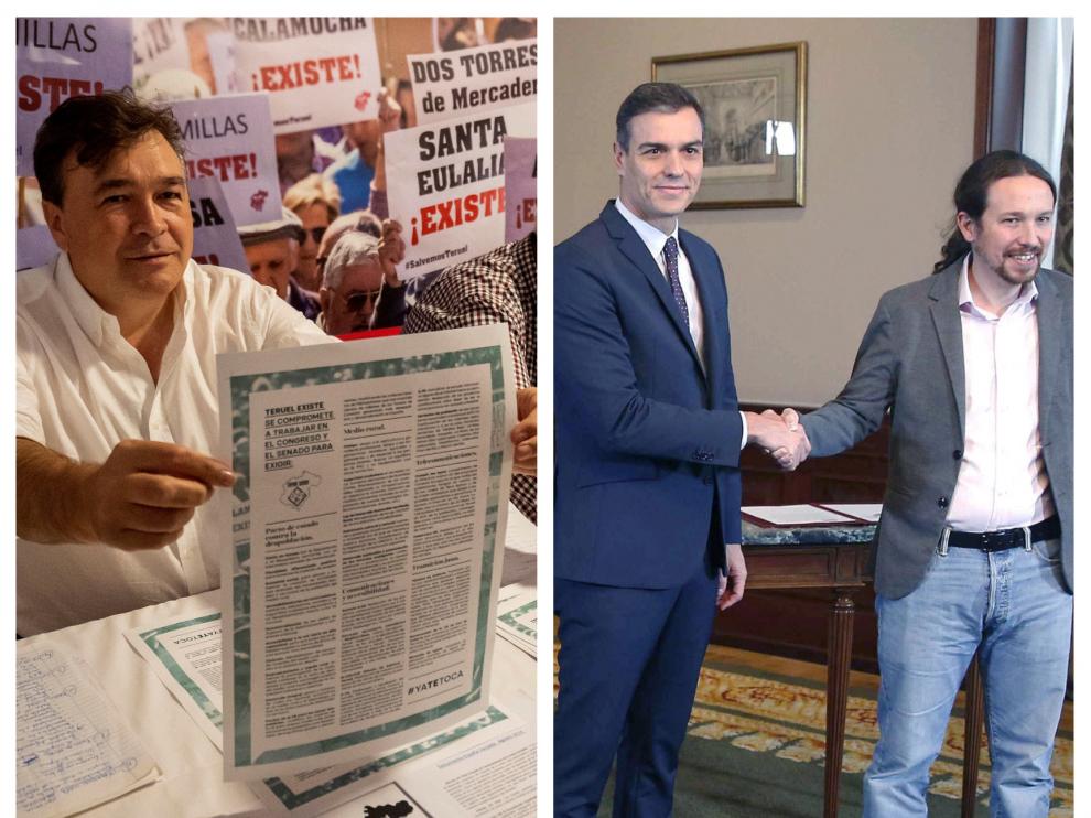 Combo de imágenes de Guitarte, durante la presentación del programa de Teruel Existe (izquierda) y de la firma del preacuerdo de Sánchez e Iglesias