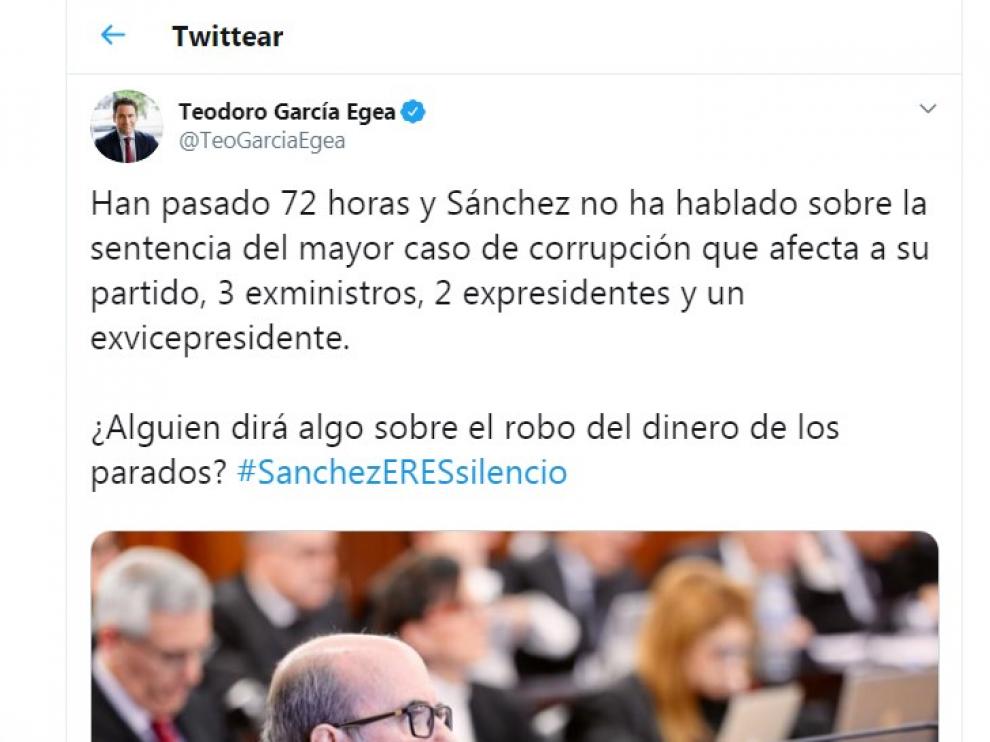 Una imagen del tuit emitido por Teodoro García Egea.