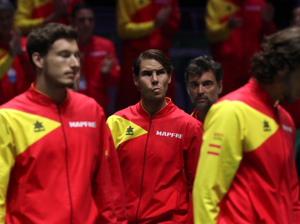 El tenista español Rafael Nadal momentos antes del inicio de la final de la Copa Davis que les enfrenta a Canadá, este domingo en la Caja Mágica de Madrid.