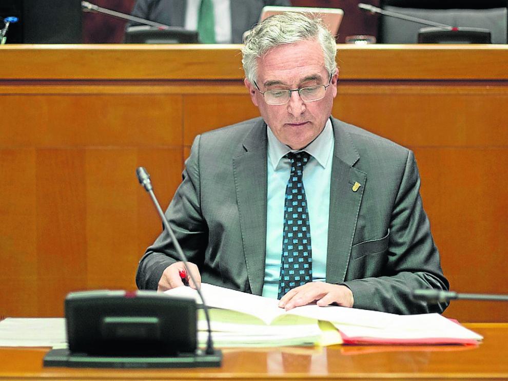 El consejero de Agricultura durante su comparecencia por los presupuestos en las Cortes de Aragón.