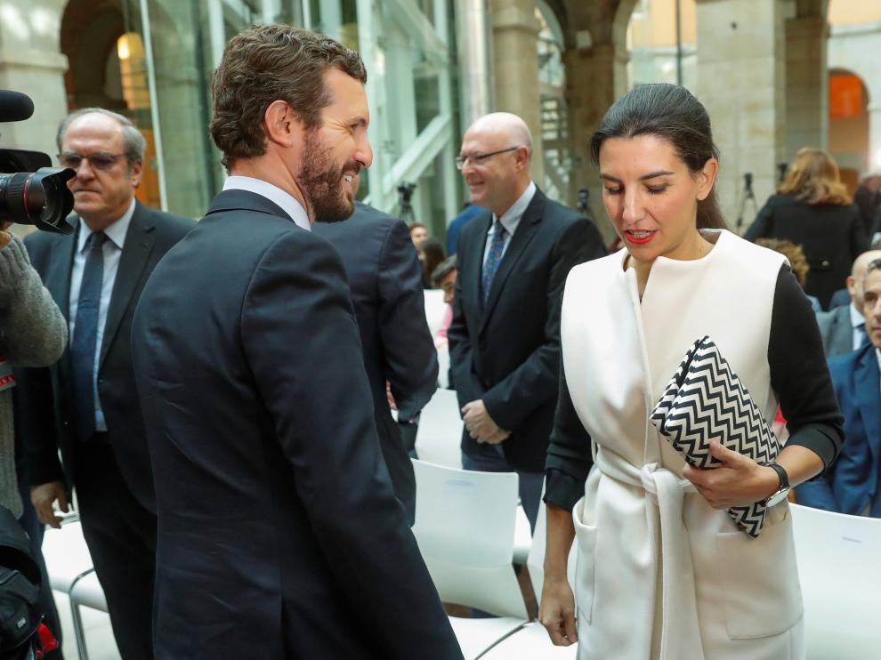 Pablo Casado y Rocío Monasterio este lunes en un acto en Madrid por el Día Internacional de la Eliminación de la Violencia contra la Mujer.
