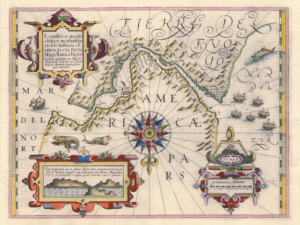 Estrecho de Magallanes, descubierto por el marino portugués en su circunnavegación, en un mapa de 1606 trazado por Jodocus Hondius.