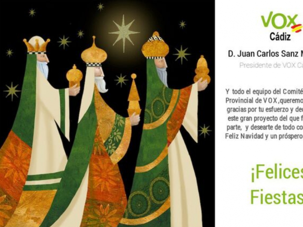 Una felicitación navideña de Vox Cádiz se hace viral al ser los tres Reyes Magos blancos