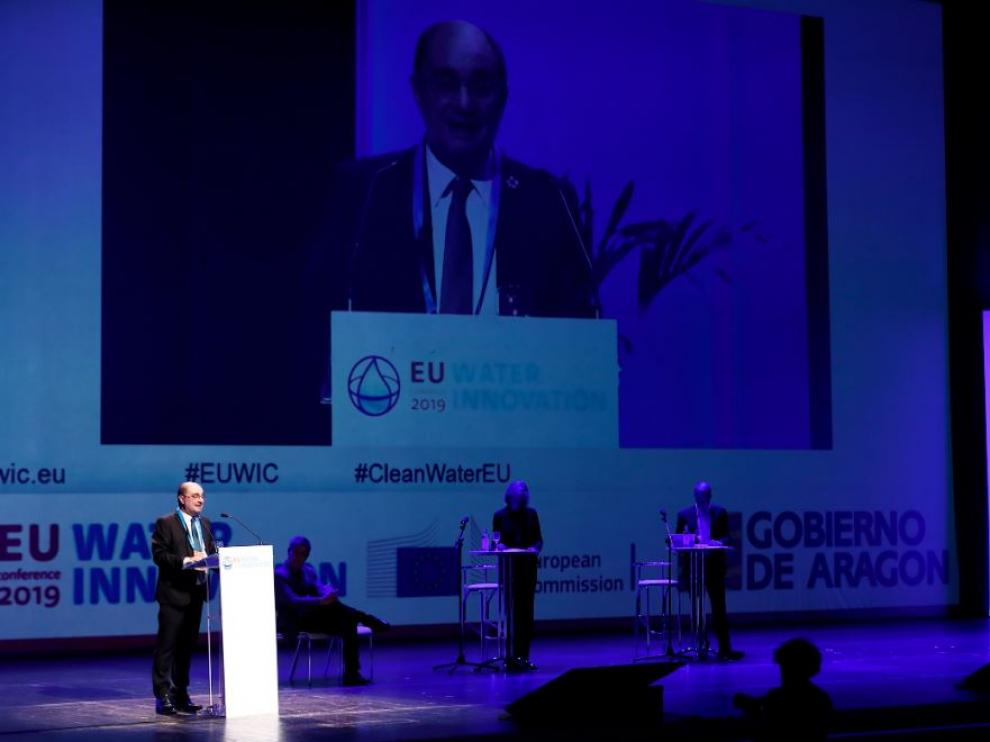Javier Lambán, durante la apertura de la Conferencia Europea de Innovación y Agua 2019 en Zaragoza.