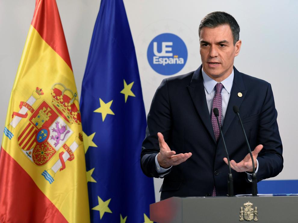 Pedro Sánchez en su intervención de este viernes en Bruselas.