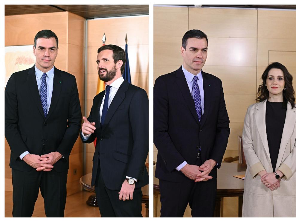 Combo de imágenes de las reuniones de Sánchez con Casado y Arrimadas