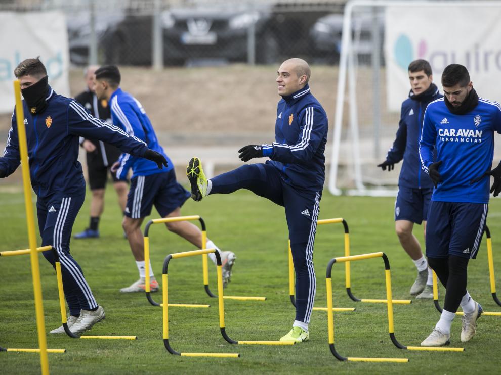 Guti, Pombo y Papunashvili, ayer, en el entrenamiento previo al viaje del Real Zaragoza a Ciudad Real.