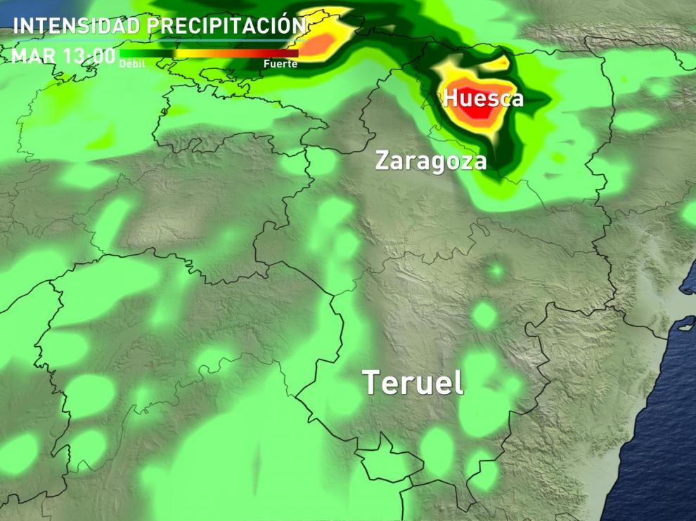 Mapa de intensidad de las precipitaciones en Aragón.