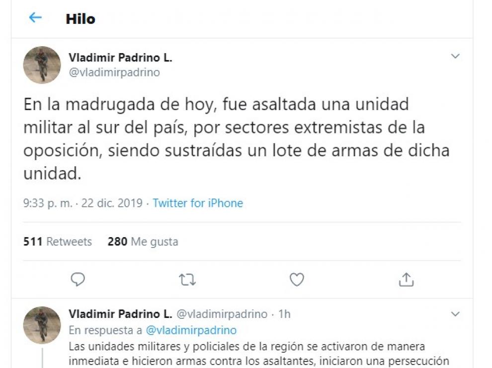 Captura del tuit de Vladimir Padrino que anunciaba el asalto, cerca de Brasil.