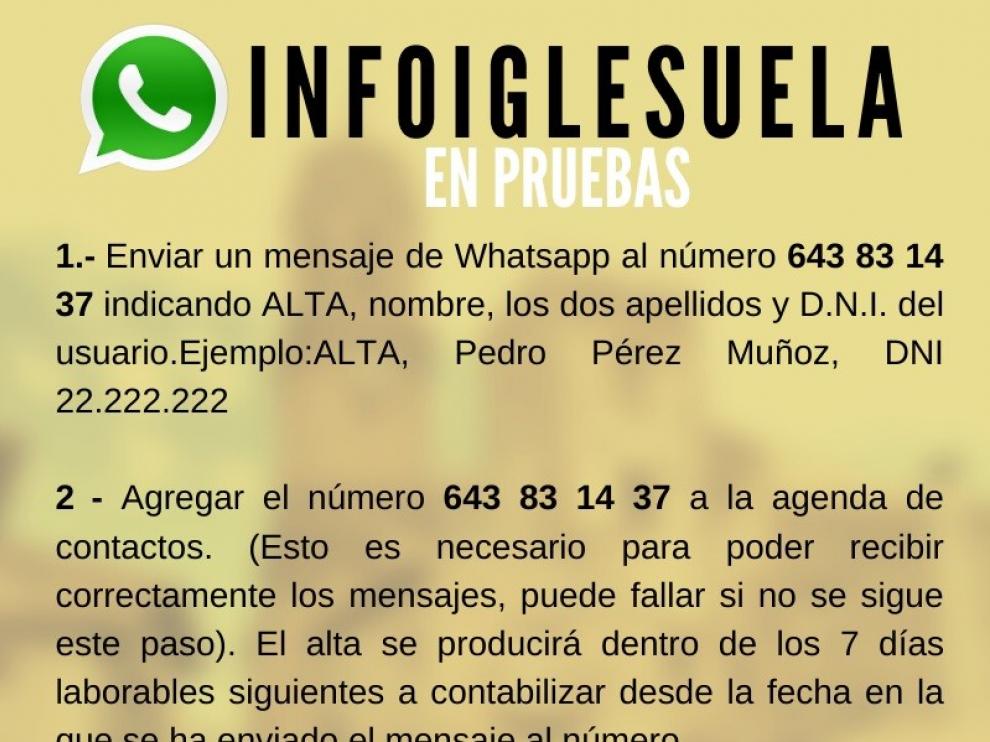 Mensaje de Whasapp en el que se explica a los vecinos cómo pueden acceder a este servicio.