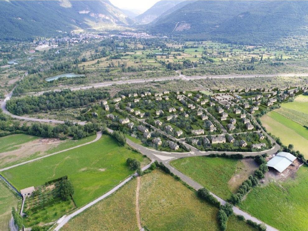 Recreación de la distribución de viviendas y del lago de pesca en la urbanización propuesta.