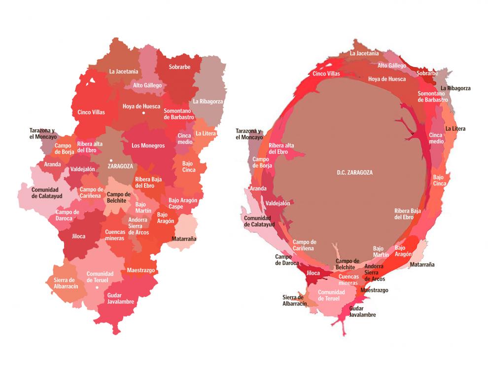 A la izquierda, mapa comarcal de Aragón; a la derecha, deformado en función de la población.
