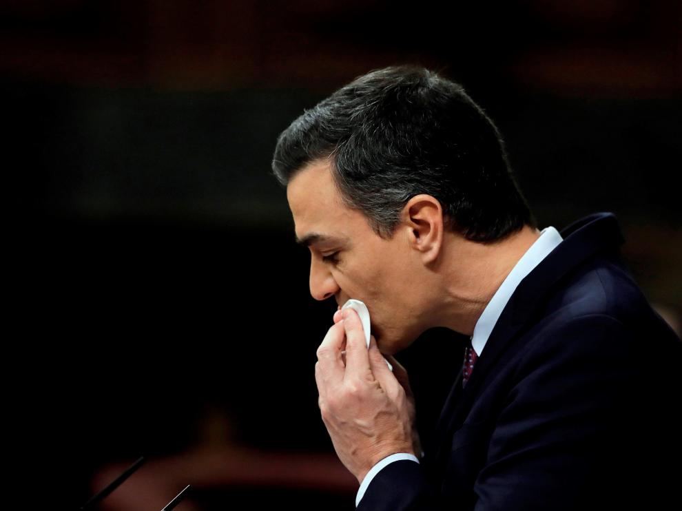 El candidato a presidente del Gobierno, Pedro Sánchez, hoy sábado en el Congreso de los Diputados durante su intervención en la primera jornada de su investidura como presidente del Gobierno