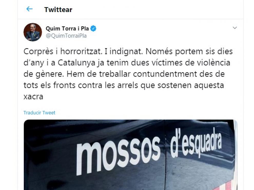 El presidente de la Generalitat ha publicado un comentario en Twttier lamentando el doble crimen en la madrugada de Reyes.