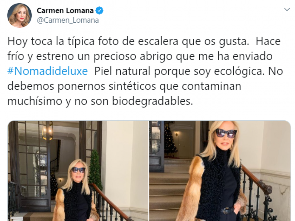 Lluvia de críticas a Carmen Lomana en las redes por posar en una foto con un abrigo de "piel natural porque soy ecológica"