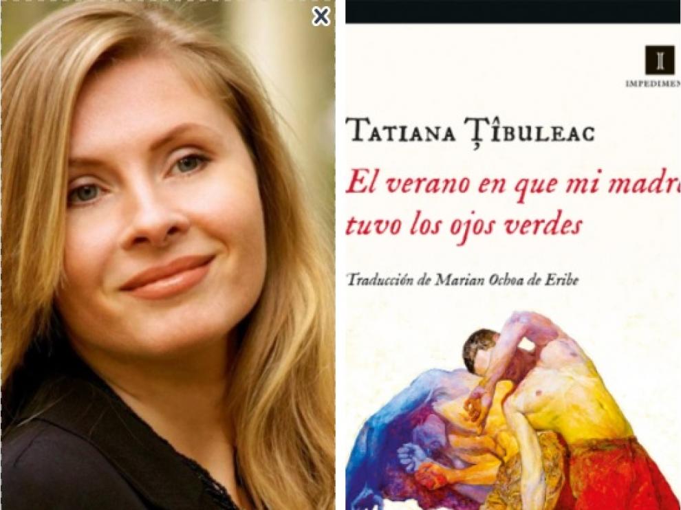 Tatiana Tibuleac y la portada de su novela premiada, publicada por Impedimenta
