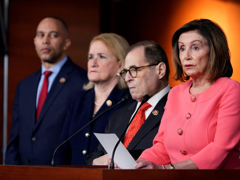 Nancy Pelosi, este miércoles, durante la rueda de prensa que ha ofrecido en el Capitolio
