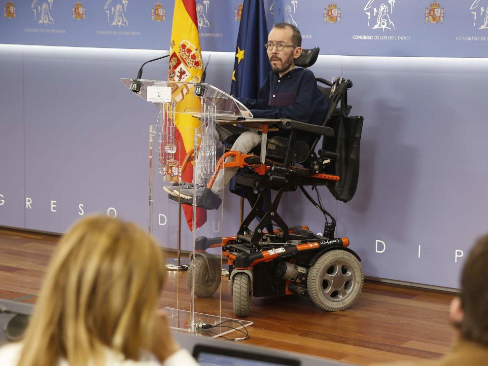 Pablo Echenique, este miércoles, en su primera rueda de prensa como portavoz de Unidas Podemos en el Congreso.