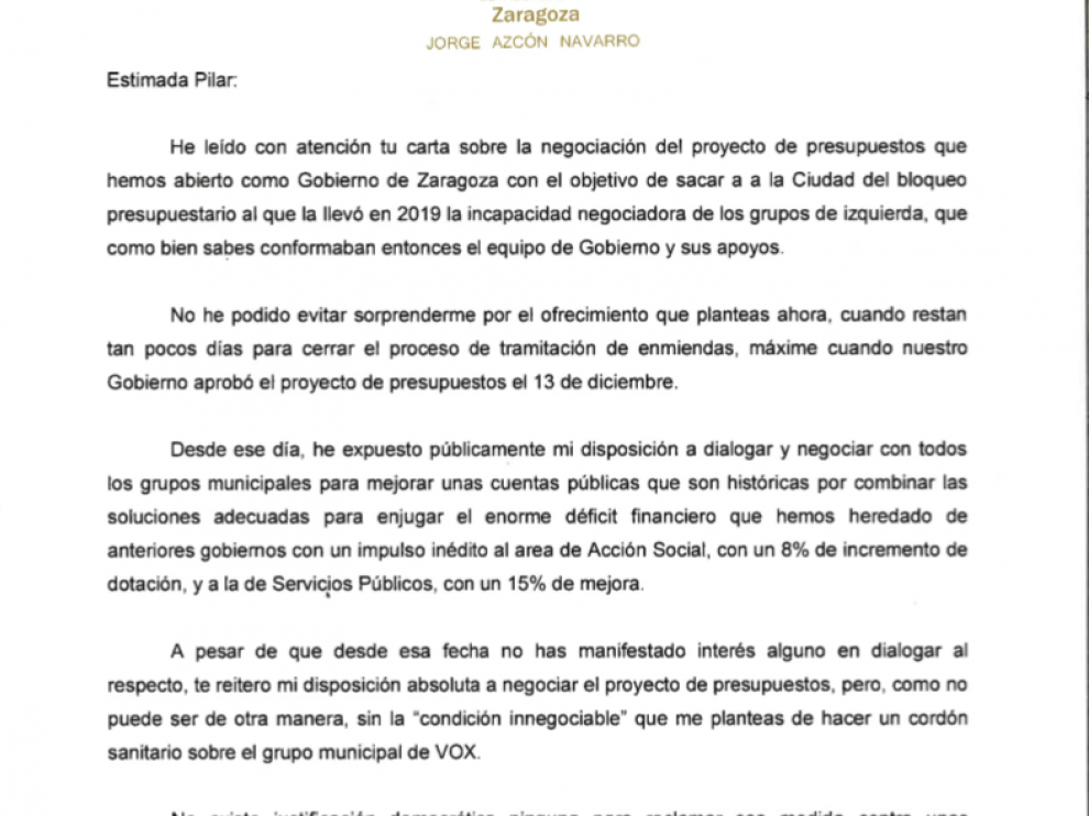 Carta de Jorge Azcón a Pilar Alegría