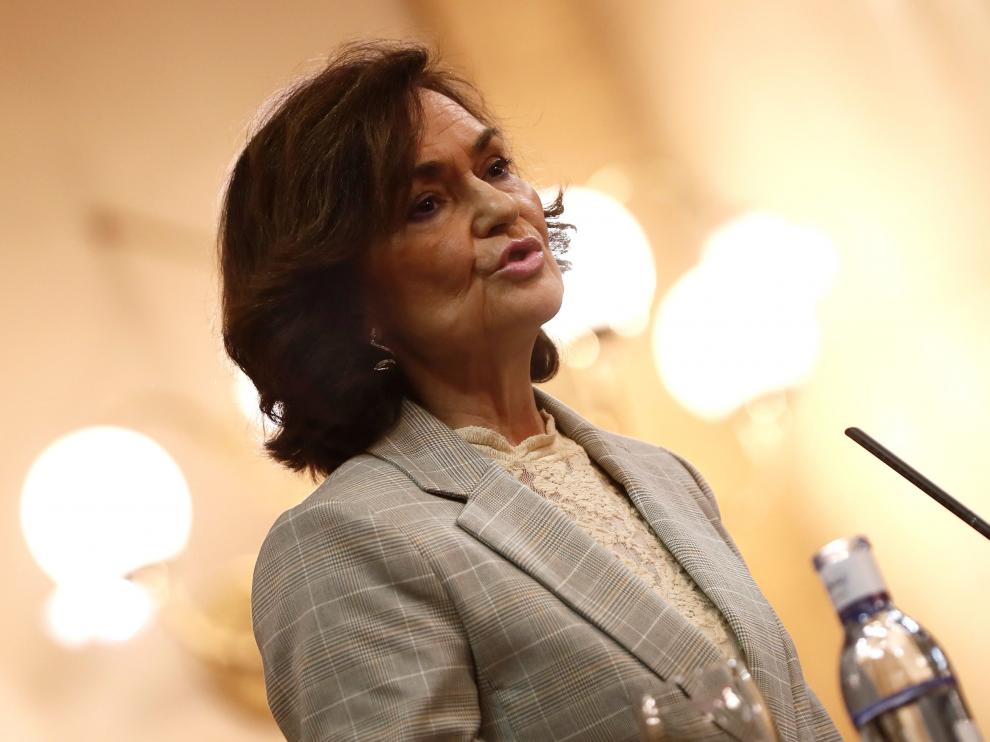 La vicepresidenta del Gobierno, Carmen Calvo, durante la celebración del Día Oficial de la Memoria del Holocausto.