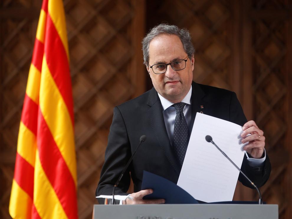El presidente de la Generalitat, Quim Torra, durante la declaración institucional de este miércoles
